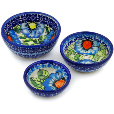 Polish Pottery Set of 3 Nesting Bowls Small Bold Blue Poppies UNIKAT