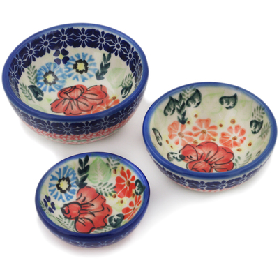 Polish Pottery Set of 3 Nesting Bowls Small Bold Poppies UNIKAT