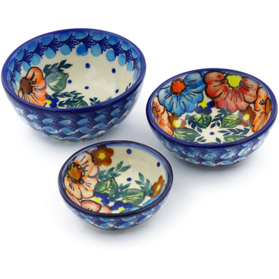 Polish Pottery Set of 3 Nesting Bowls Small Bold Poppies UNIKAT
