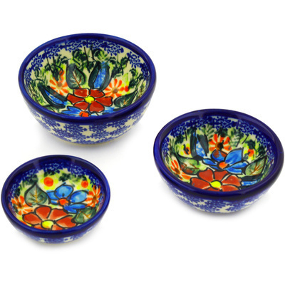 Polish Pottery Set of 3 Nesting Bowls Small Bold Poppies UNIKAT