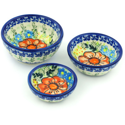 Polish Pottery Set of 3 Nesting Bowls Small Bold Red Poppies UNIKAT