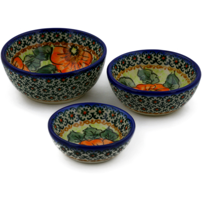 Polish Pottery Set of 3 Nesting Bowls Small Fiery Poppies UNIKAT