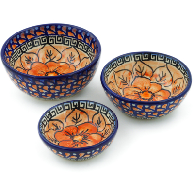 Polish Pottery Set of 3 Nesting Bowls Small Fire Poppies UNIKAT