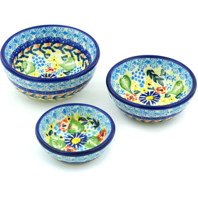 Polish Pottery Set of 3 Nesting Bowls Small Flor-de-lis UNIKAT