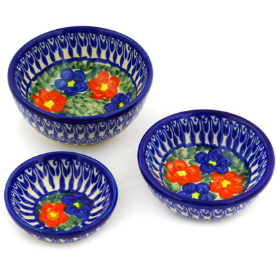 Polish Pottery Set of 3 Nesting Bowls Small Floral Burst