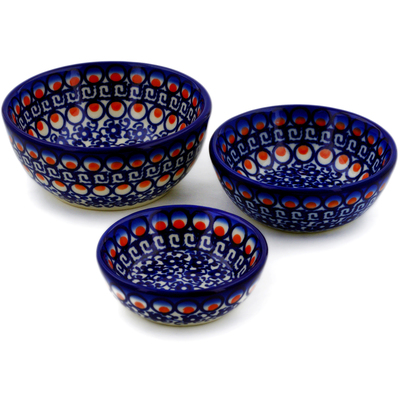 Polish Pottery Set of 3 Nesting Bowls Small Floral Peacock