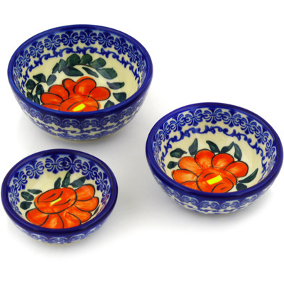 Polish Pottery Set of 3 Nesting Bowls Small Flower Party