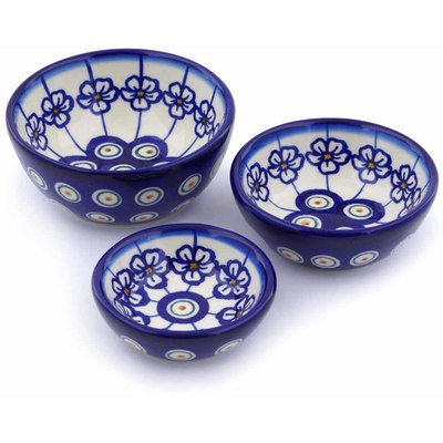 Polish Pottery Set of 3 Nesting Bowls Small Flowering Peacock