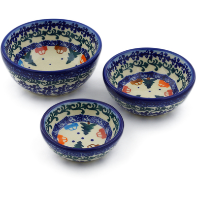 Polish Pottery Set of 3 Nesting Bowls Small Holiday Drive