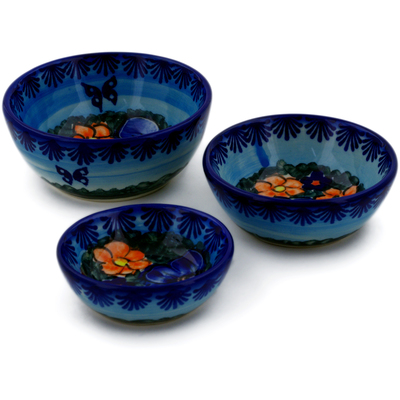 Polish Pottery Set of 3 Nesting Bowls Small Midnight Garden UNIKAT