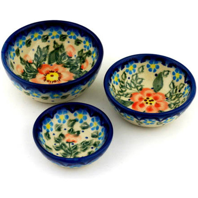 Polish Pottery Set of 3 Nesting Bowls Small Peach Tudor Rose