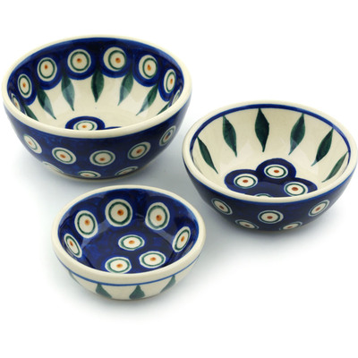 Polish Pottery Set of 3 Nesting Bowls Small Peacock