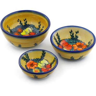 Polish Pottery Set of 3 Nesting Bowls Small Poppy Love UNIKAT