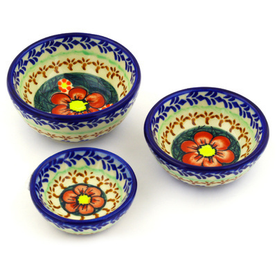 Polish Pottery Set of 3 Nesting Bowls Small Rainbow Poppies UNIKAT
