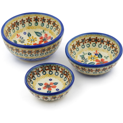Polish Pottery Set of 3 Nesting Bowls Small Red Anemone Meadow UNIKAT