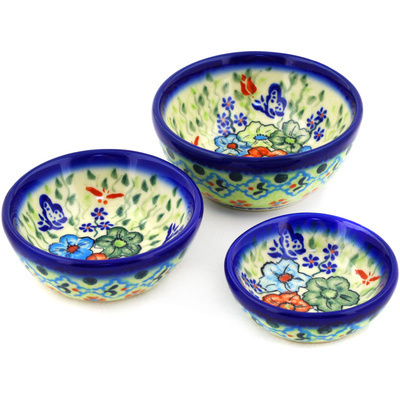 Polish Pottery Set of 3 Nesting Bowls Small Spring Garden UNIKAT