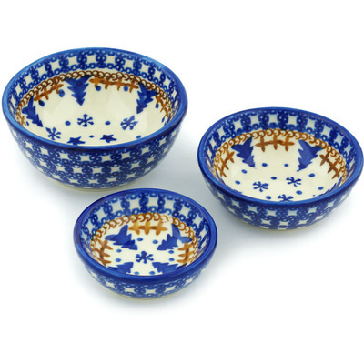 Polish Pottery Set of 3 Nesting Bowls Small Winter Snow