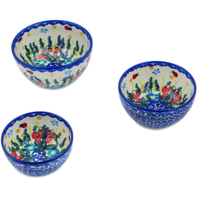 Polish Pottery Set of 3 Nesting Bowls Spring  Garden Berries UNIKAT