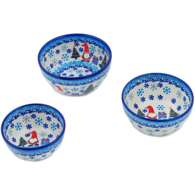 Polish Pottery Set of 3 Nesting Bowls Winter Gnome