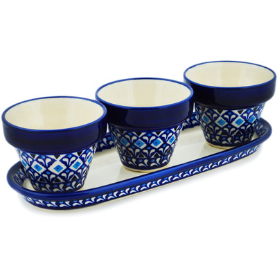 Polish Pottery Set of 3 Planters 11&quot; Blue Diamond Dream
