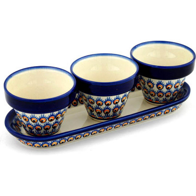 Polish Pottery Set of 3 Planters 11&quot; Peacock Feathers