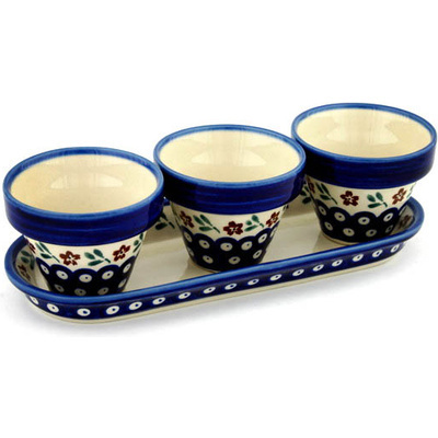 Polish Pottery Set of 3 Planters 11&quot; Red Daisy Peacock