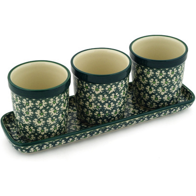 Polish Pottery Set of 3 Planters 12&quot; Green Garlands