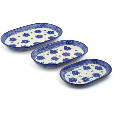 Polish Pottery Set of 3 Platters 13&quot; Bleu-belle Fleur