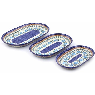 Polish Pottery Set of 3 Platters 13&quot; Blue Cornflower