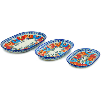 Polish Pottery Set of 3 Platters 13&quot; Bold Poppies UNIKAT