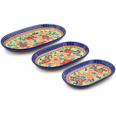 Polish Pottery Set of 3 Platters 13&quot; Bold Poppies UNIKAT