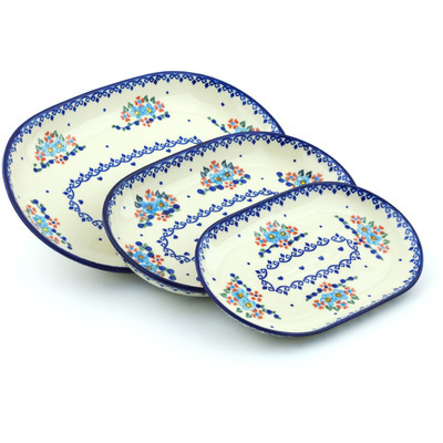 Polish Pottery Set of 3 Platters 13&quot; Hearts And Flowers