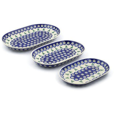 Polish Pottery Set of 3 Platters 13&quot; Peacock Pines