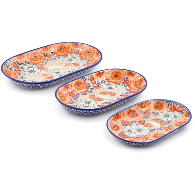 Polish Pottery Set of 3 Platters 13&quot; Poppy Passion UNIKAT