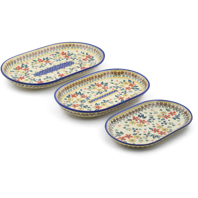 Polish Pottery Set of 3 Platters 13&quot; Red Anemone Meadow UNIKAT