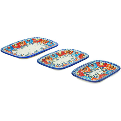 Polish Pottery Set of 3 Platters Bold Poppies UNIKAT