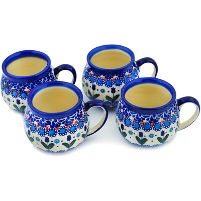 Polish Pottery Set of 4 12oz Mugs Blue Tulip Garden UNIKAT