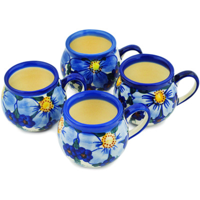 Polish Pottery Set of 4 12oz Mugs Himalayan Blue Poppy UNIKAT