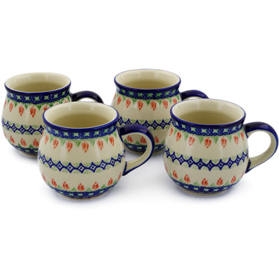 Polish Pottery Set of 4 12oz Mugs Tulips And Diamonds