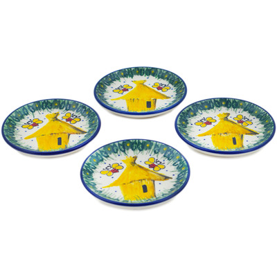 Polish Pottery Set of 4 Coasters 4-inch Bee Happy UNIKAT