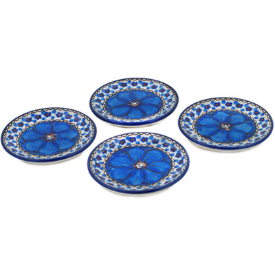 Polish Pottery Set of 4 Coasters 4-inch Cobalt Poppies UNIKAT