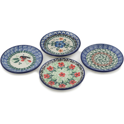 Polish Pottery Set of 4 Coasters 4-inch Flower Mix