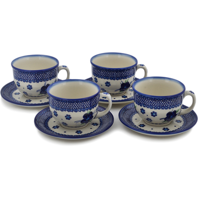 Polish Pottery Set of 4 Cups with Saucers Bleu-belle Fleur