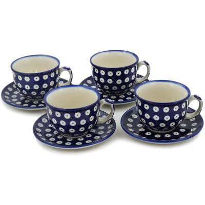 Polish Pottery Set of 4 Cups with Saucers Blue Eyed Peacock