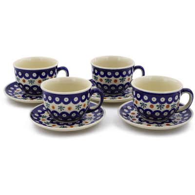 Polish Pottery Set of 4 Cups with Saucers Mosquito