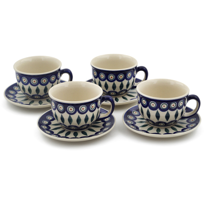 Polish Pottery Set of 4 Cups with Saucers Peacock