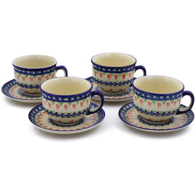 Polish Pottery Set of 4 Cups with Saucers Tulips And Diamonds