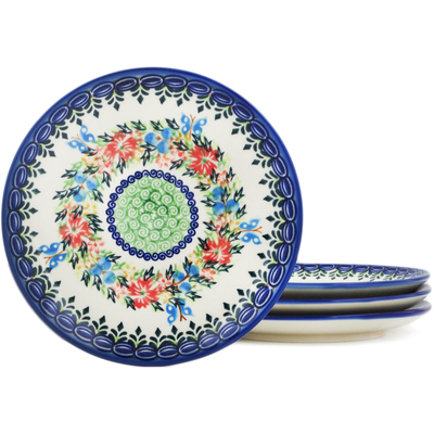 Polish Pottery Set of 4 dessert plates  Ring Of Flowers UNIKAT