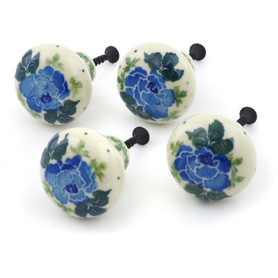 Polish Pottery Set of 4 Drawer Pull Knobs 1-1/2 inch Blue Rose
