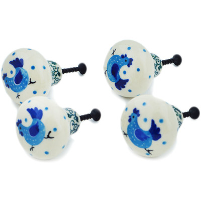 Polish Pottery Set of 4 Drawer Pull Knobs 1-1/2 inch Chicken Merry-go-round UNIKAT